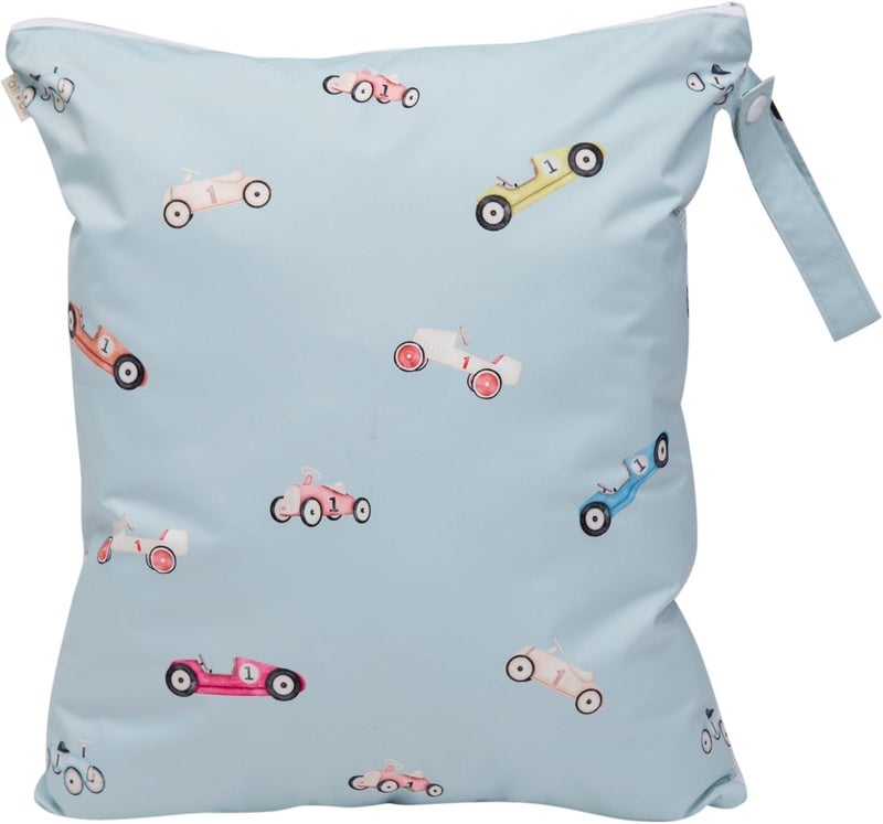 Ali+Oli Water Resistant Dual-Compartment Wet-Dry Bag for Travel, Hook to Stroller, Daycare, Diapers, Diaper Bag, Clutch Bag,15x12 inches (Retro Cars) - Image 1